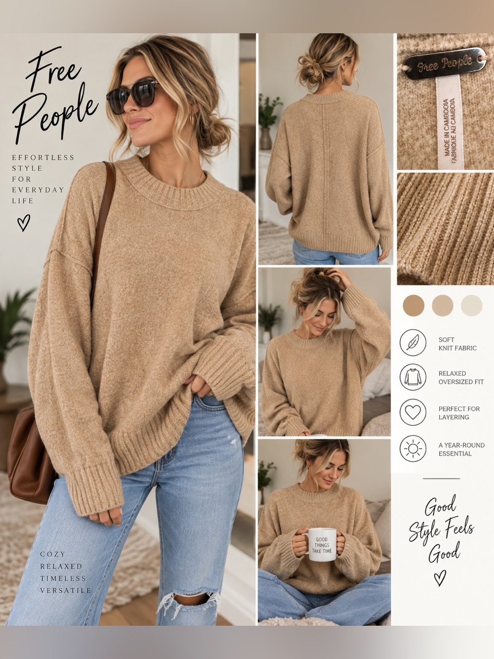 Free People Oversized Camel Tan Knit Sweater Wool Blend Boho Pullover